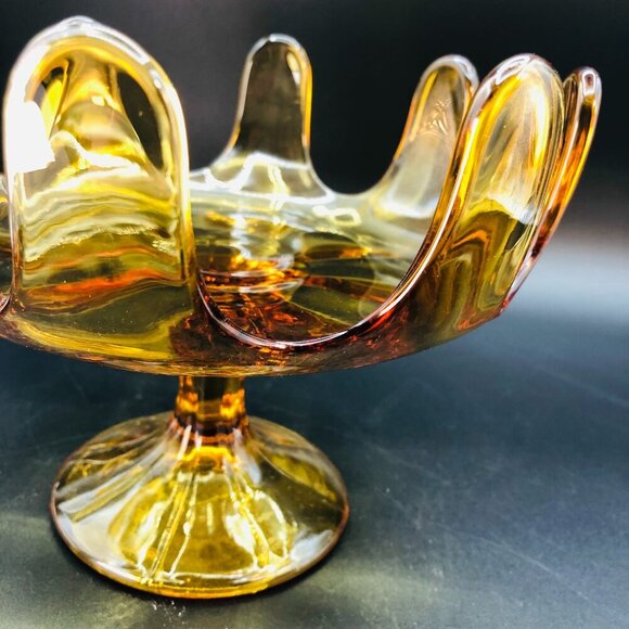 Mid Century Amber Art Glass Pedestal Compote 8 petals Vintage Bowl Centerpiece - Picture 2 of 10